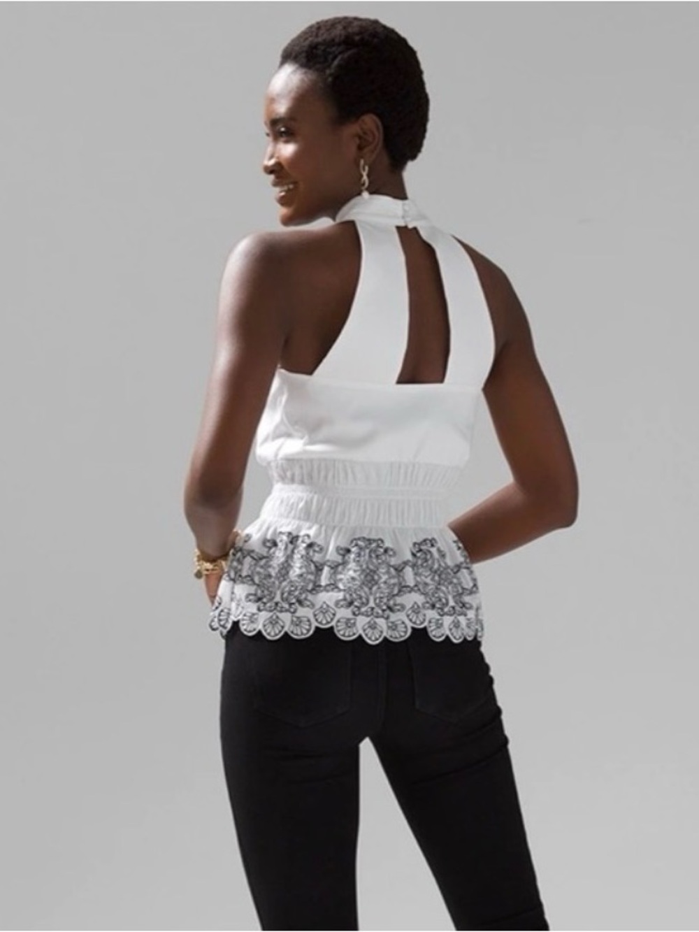White House Black Market Size 10 Mock Neck Halter Top Embroidered Scallop Hem - Picture 3 of 10